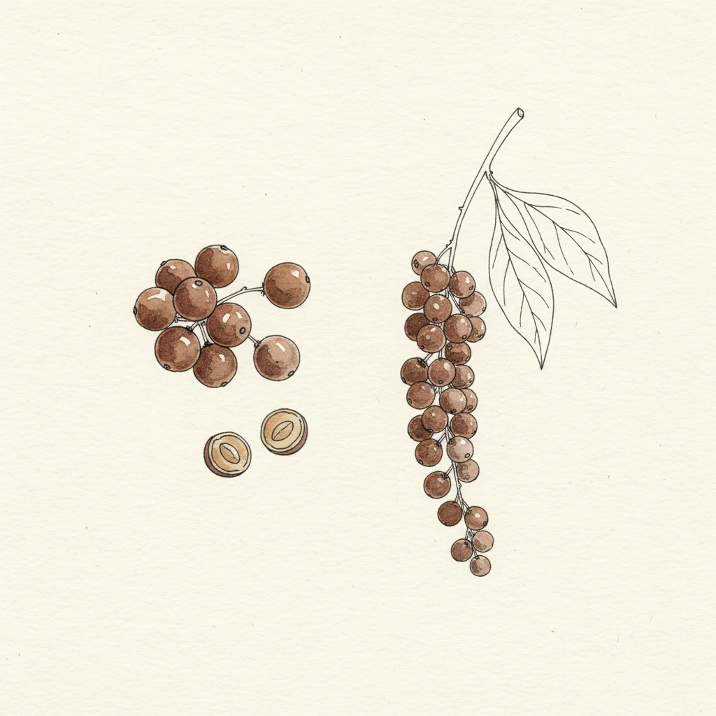 Timut pepper berries from Nepal, open red-brown husks loose on a light background with one split husk in the foreground
