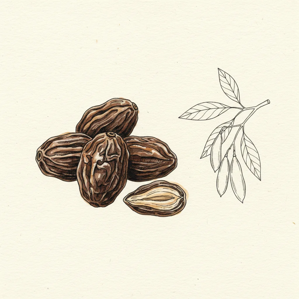 Whole dark-brown wrinkled tonka beans dusted with a faint white coumarin bloom, resting on natural linen, macro on a mineral background