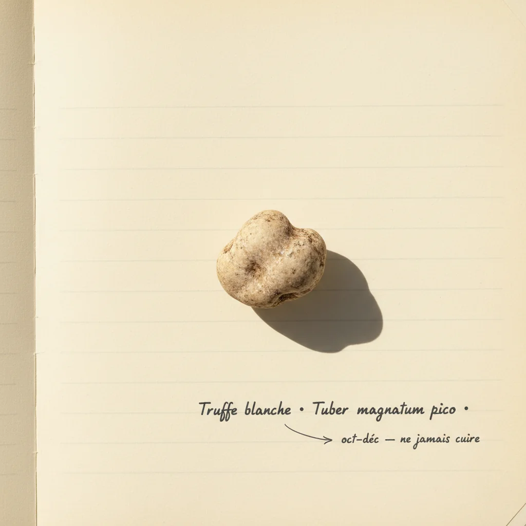 Truffe blanche d'Alba entière en gros plan, surface ivoire crème lisse-irrégulière, posée sur linge écru avec rabot à truffe en métal poli à côté