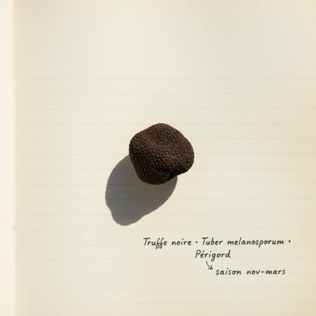 Truffe noire du Périgord entière en gros plan, peau noire verrucosée, veine blanche visible sur une coupe, posée sur linge de lin écru avec brosse en soie