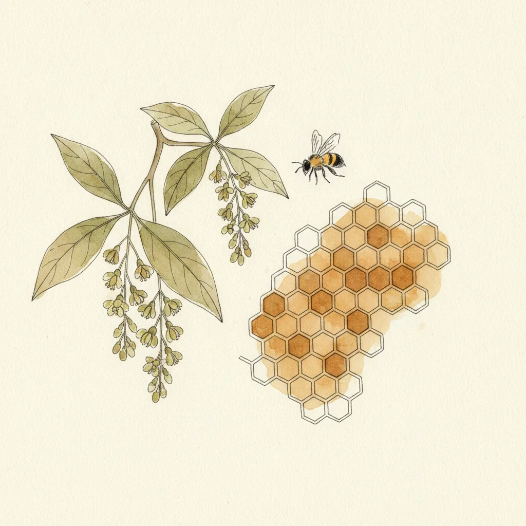 Pure tupelo honey, pale gold with a faint green cast, drizzling in a thick slow ribbon off a wooden dipper against a dark matte background