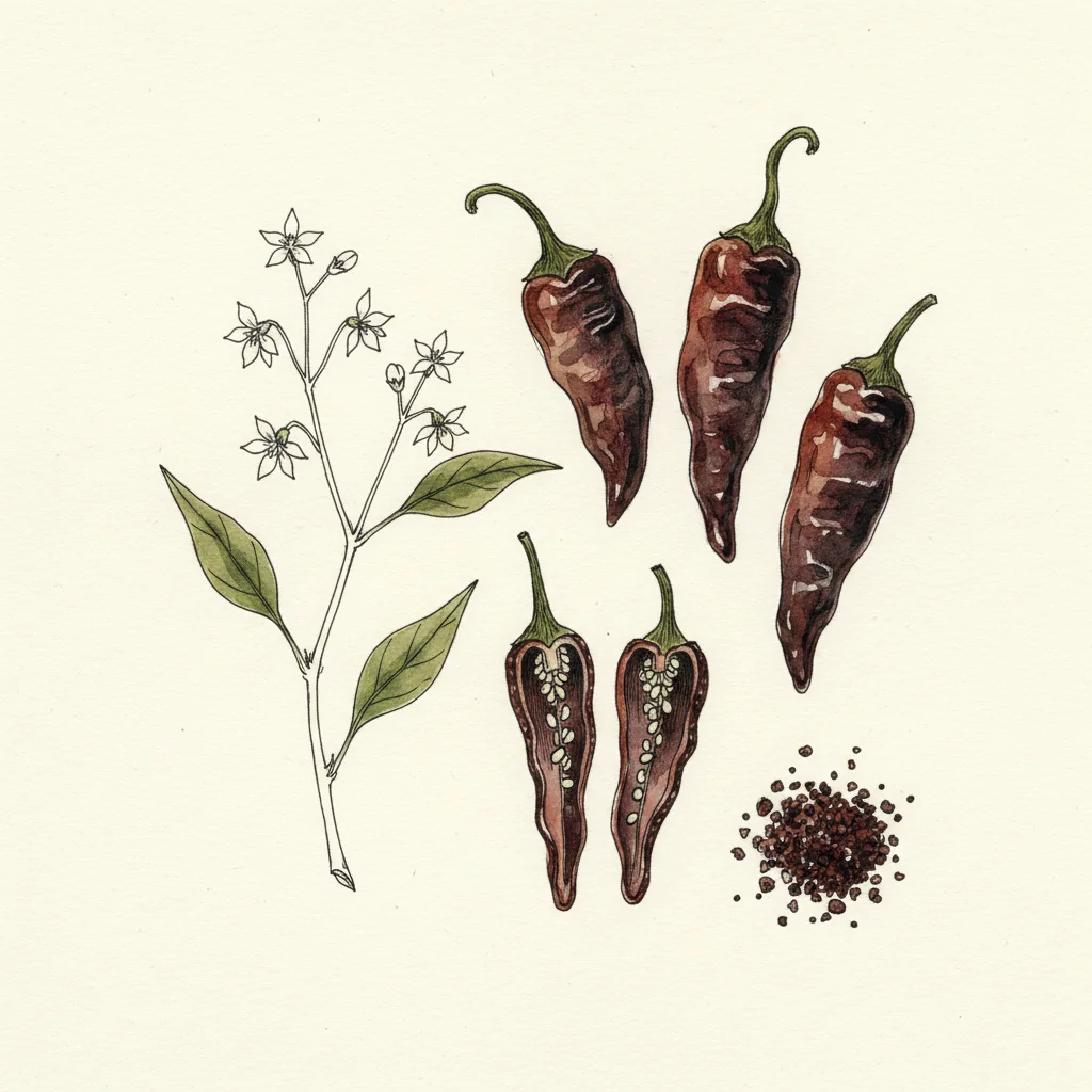 Near-black, faintly oily Urfa biber chili flakes in close-up, deep maroon-black under soft light, served in a white bowl
