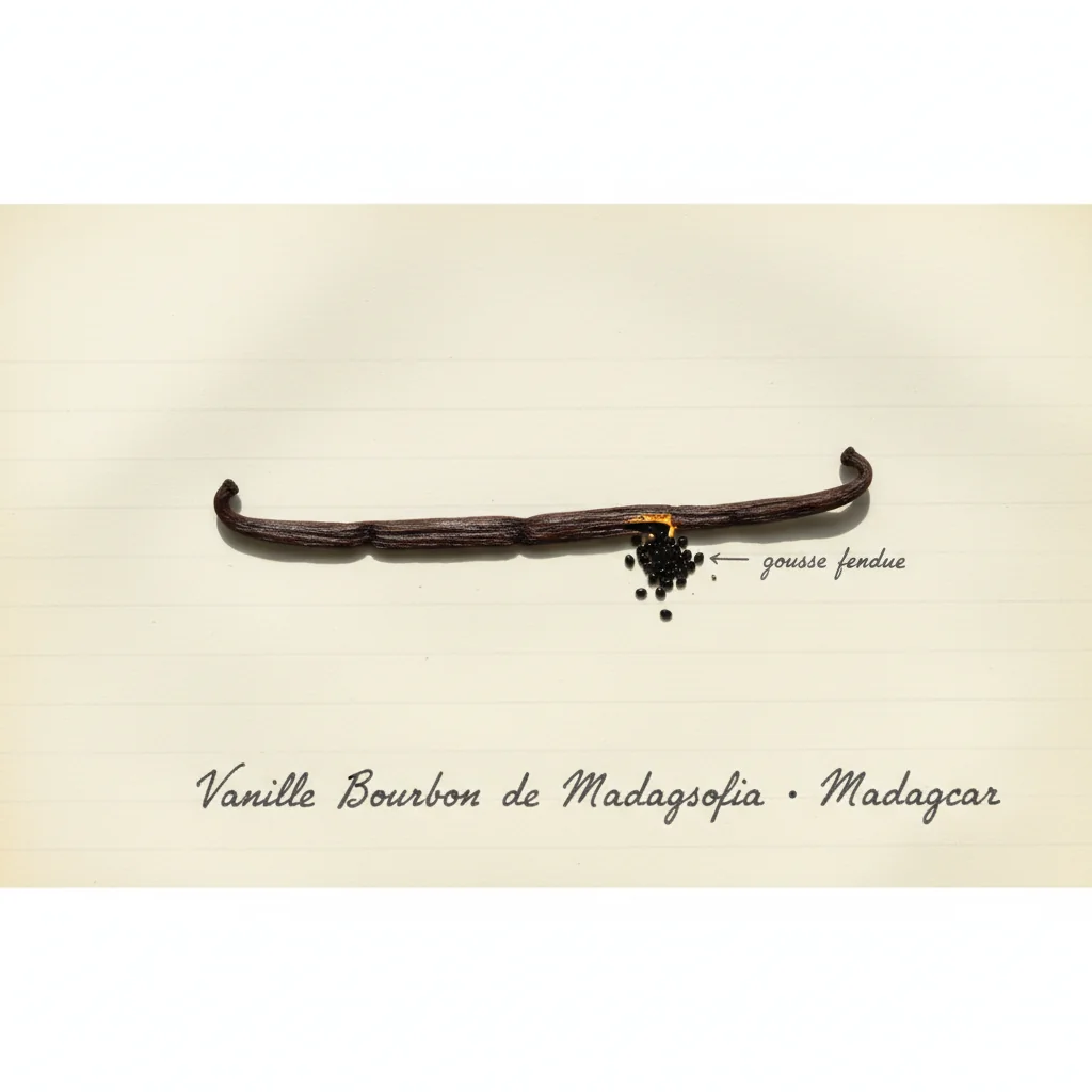 Trois gousses de vanille Bourbon de Madagascar fendues sur une planche en bois, graines noires visibles à l'intérieur