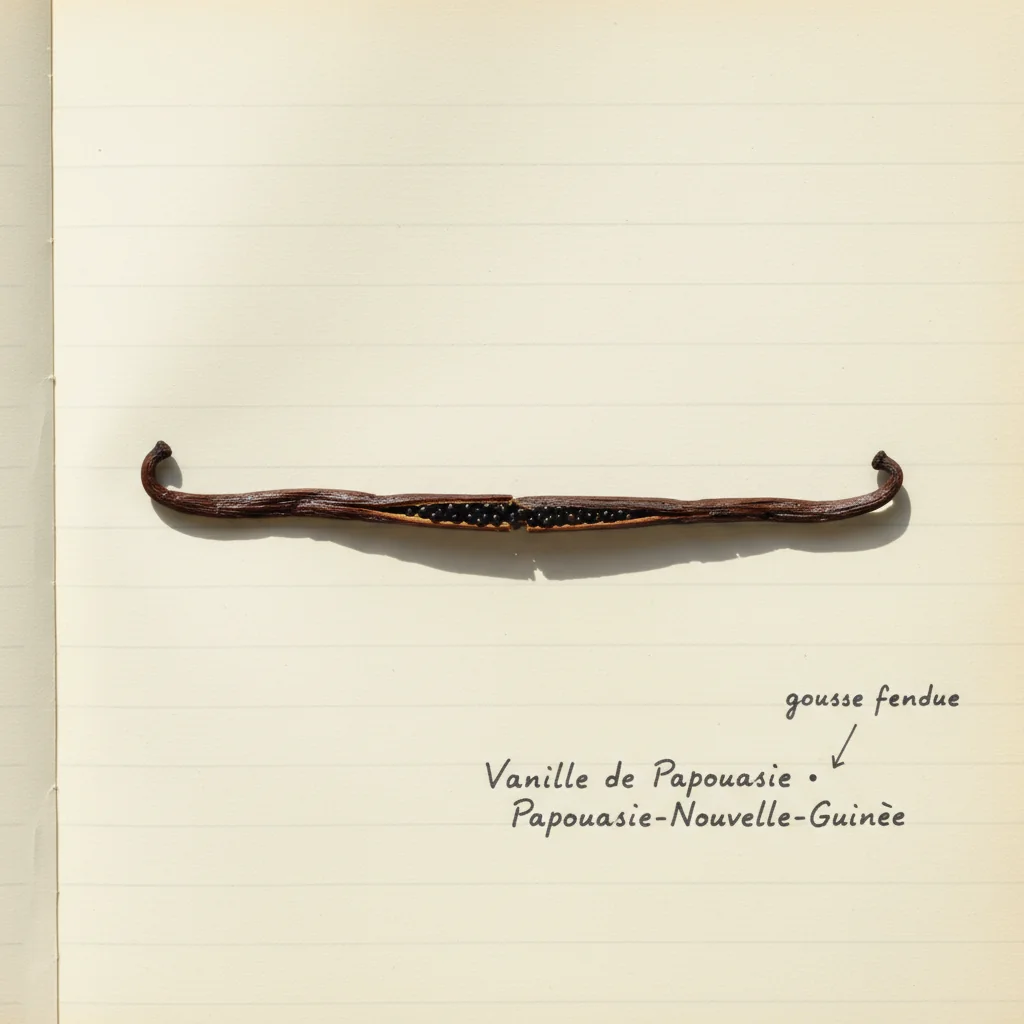 Gousses de vanille de Papouasie alignées sur une feuille de bananier, peau brune et brillante
