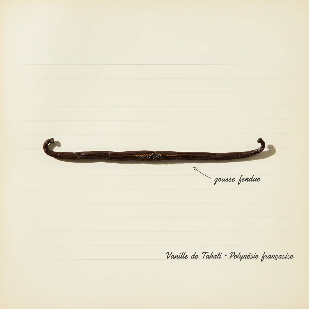 Gousses de vanille de Tahiti dodues sur fond noir, peau brune lisse et brillante