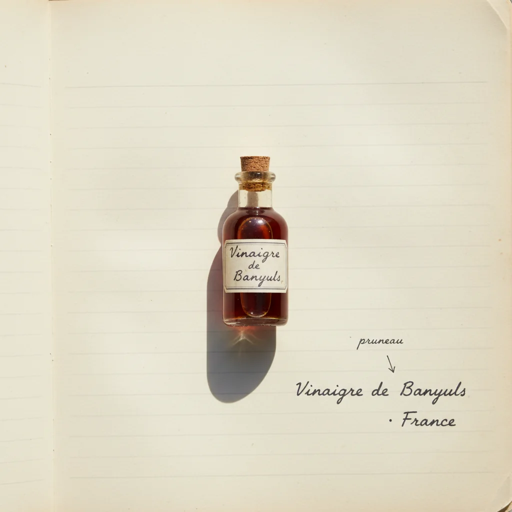Bouteille de vinaigre de Banyuls ambré sur une planche en bois avec gésiers et salade