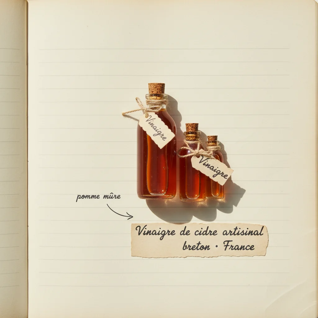 Bouteille de vinaigre de cidre breton trouble doré, avec une mère visible au fond, sur une table en bois