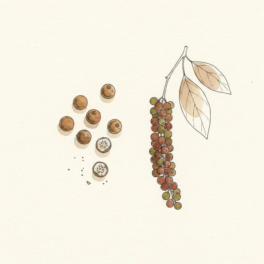 Wild voatsiperifery peppercorns, small brown berries each with their characteristic tiny stem, macro on a dark wood background