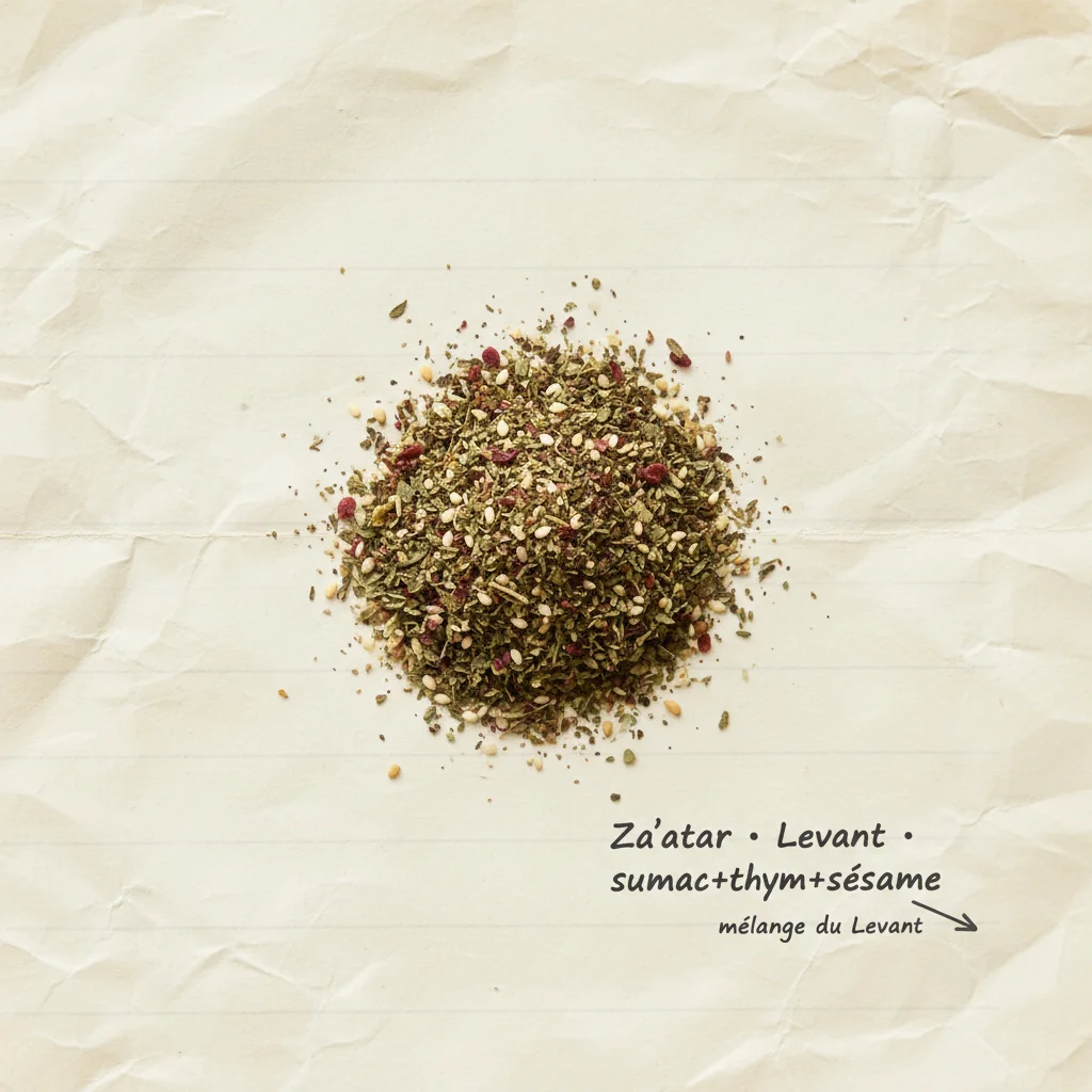 Bol en céramique blanche rempli de za'atar levantin vert-brun avec sumac rouge et graines de sésame dorées visibles, posé près d'une galette pita