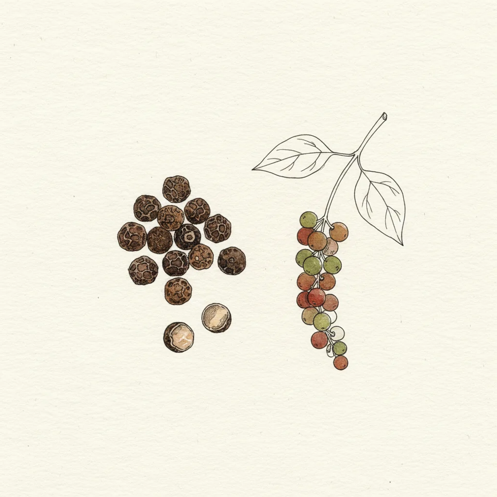 Zanzibar black peppercorns, small dense grains, glossy near-black with brown wrinkles, macro on a sandy mineral background